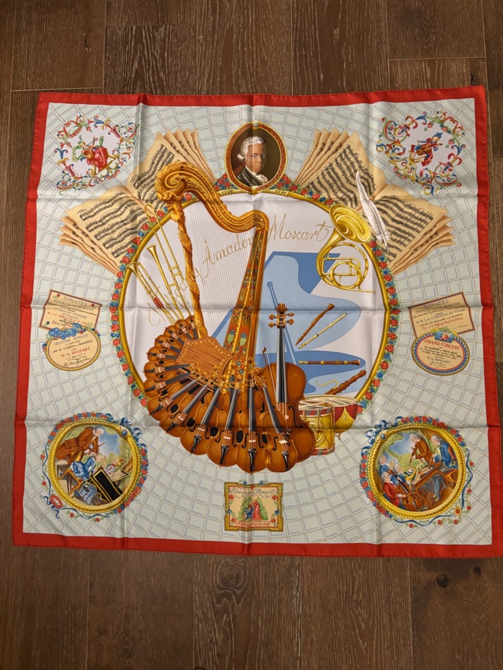 Hermes Multicolor Musical Instruments Silk Scarf with Red Border